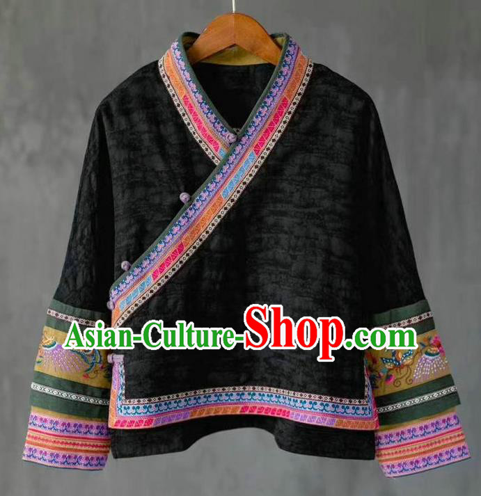 China National Embroidered Shirt Costume Traditional Women Upper Outer Garment Tang Suit Black Flax Blouse