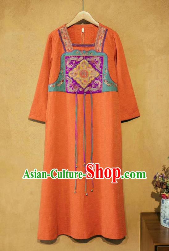 Chinese Traditional Women Cheongsam Clothing National Embroidered Orange Flax Dress