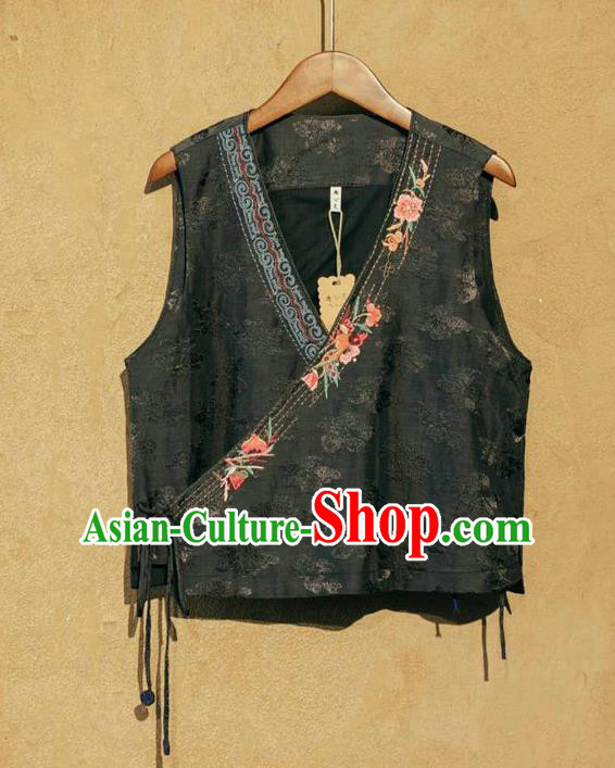 China National Black Flax Vest Women Embroidered Waistcoat Traditional Tang Suit Clothing