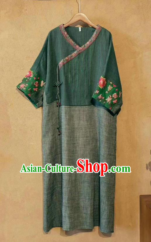 Chinese Zen Suit Traditional Women Clothing National Embroidered Green Dress