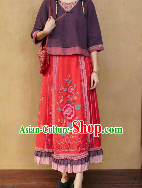 China National Red Ramine Bust Skirt Embroidered Skirt Traditional Female Clothing