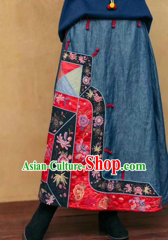 China Embroidered Skirt Traditional Clothing National Blue Flax Bust Skirt