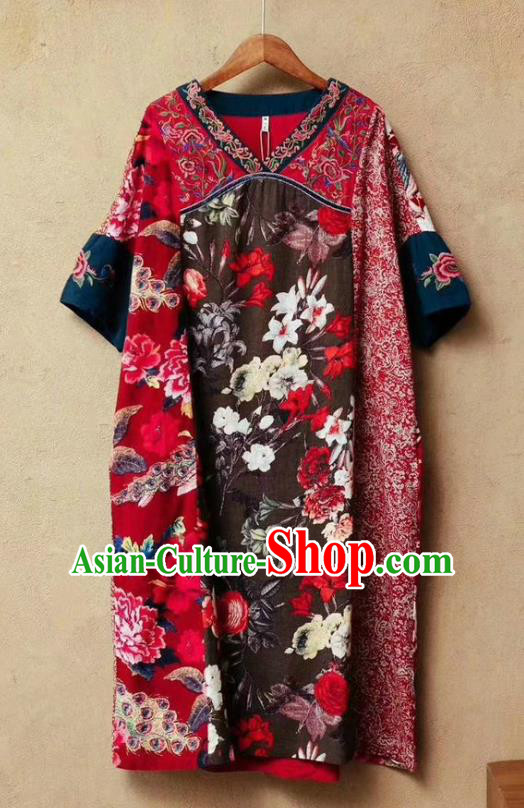 Chinese National Embroidered Flax Red Dress Traditional Printing Clothing