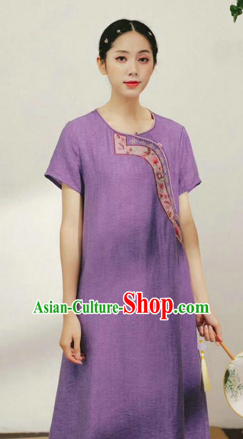 Chinese Embroidered Purple Flax Dress National Plated Buttons Clothing Traditional Women Fashion