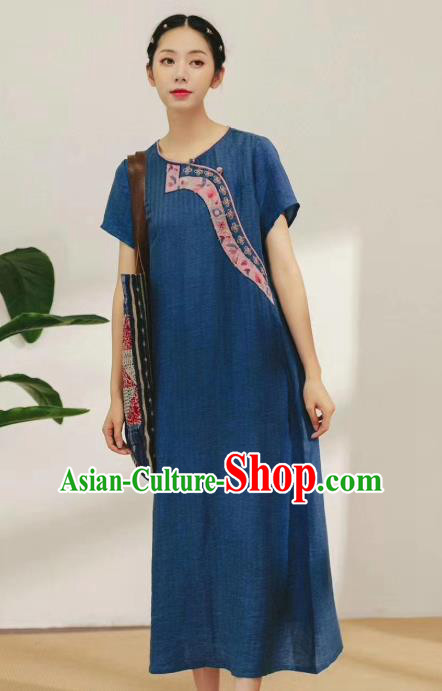 Chinese National Navy Blue Flax Dress Traditional Plated Buttons Clothing Women Embroidered Fashion