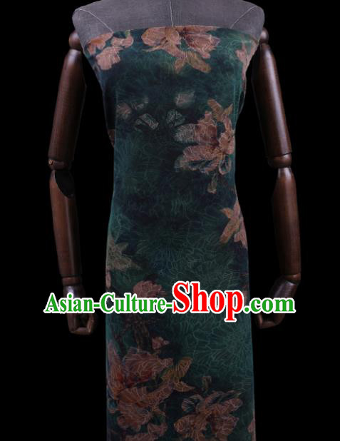 Chinese Classical Yulan Magnolia Pattern Silk Drapery Asian Traditional Cheongsam Deep Green Cloth Fabric