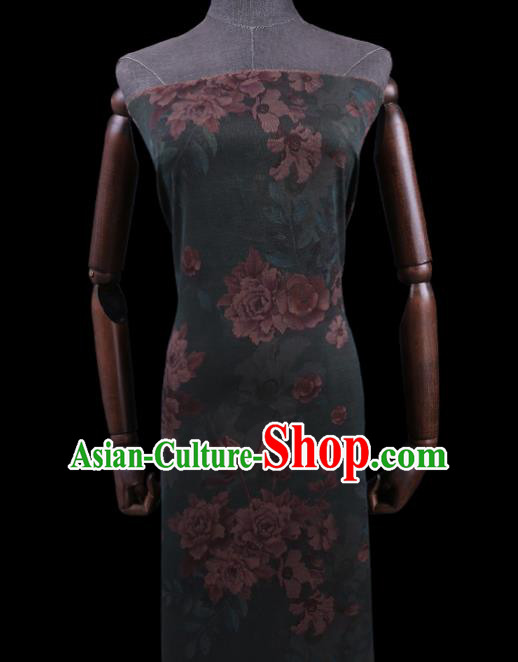 Asian Traditional Cheongsam Cloth Watered Gauze Fabric Chinese Classical Peony Pattern Green Silk Drapery