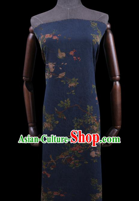 Chinese Classical Flowers Bird Pattern Deep Blue Silk Drapery Cloth Asian Traditional Cheongsam Fabric Watered Gauze