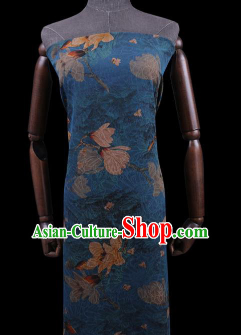 Chinese Classical Yulan Magnolia Pattern Blue Silk Drapery Cloth Asian Watered Gauze Traditional Cheongsam Fabric