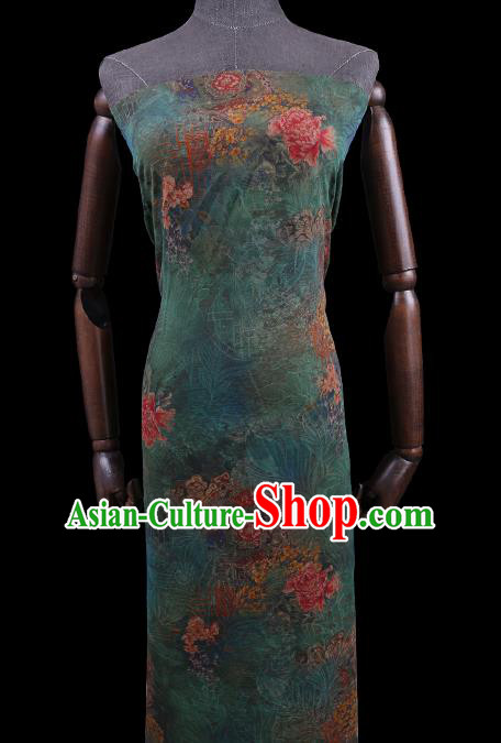 Chinese Classical Peony Flowers Pattern Green Silk Drapery Cloth Asian Traditional Cheongsam Watered Gauze Fabric