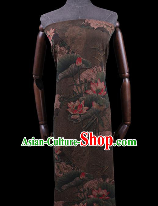 Chinese Classical Lotus Pattern Brown Silk Drapery Asian Watered Gauze Fabric Traditional Cheongsam Cloth