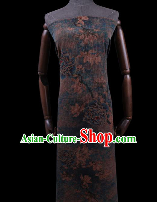 Asian Navy Watered Gauze Fabric Traditional Chinese Classical Peony Pattern Silk Drapery Cheongsam Cloth