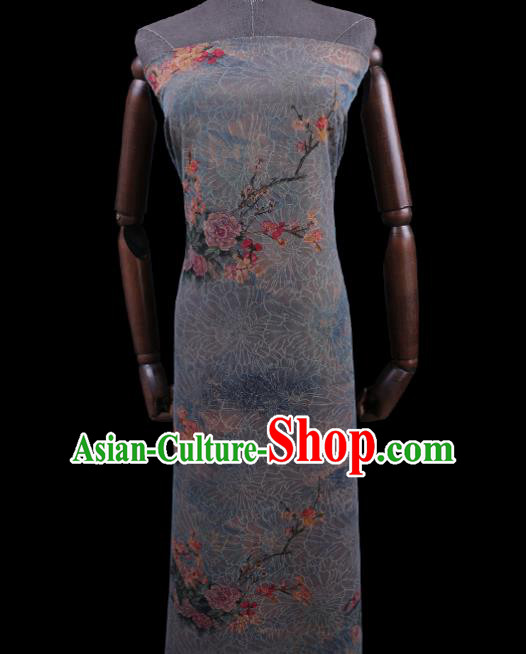 Asian Cheongsam Light Blue Watered Gauze Cloth Fabric Traditional Chinese Classical Peony Plum Pattern Silk Drapery