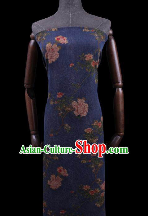 Asian Cheongsam Cloth Watered Gauze Drapery Traditional Chinese Classical Peony Pattern Deep Blue Gambiered Guangdong Silk Fabric