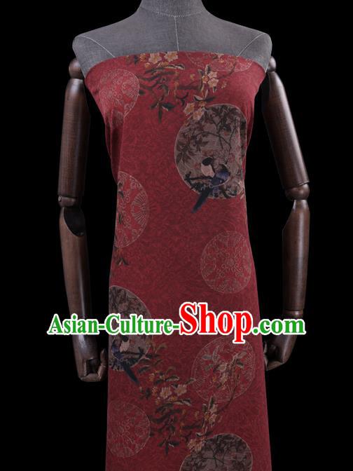 Chinese Traditional Gambiered Guangdong Silk Asian Cheongsam Cloth Drapery Classical Flower Bird Pattern Red Watered Gauze Fabric