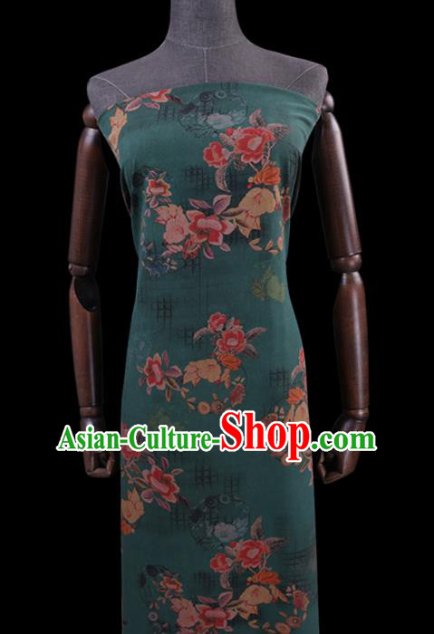 Chinese Classical Flowers Pattern Green Watered Gauze Fabric Traditional Gambiered Guangdong Silk Asian Cheongsam Cloth Drapery