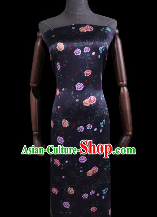 Chinese Traditional Gambiered Guangdong Silk Asian Cheongsam Cloth Satin Drapery Classical Rose Pattern Black Watered Gauze Fabric