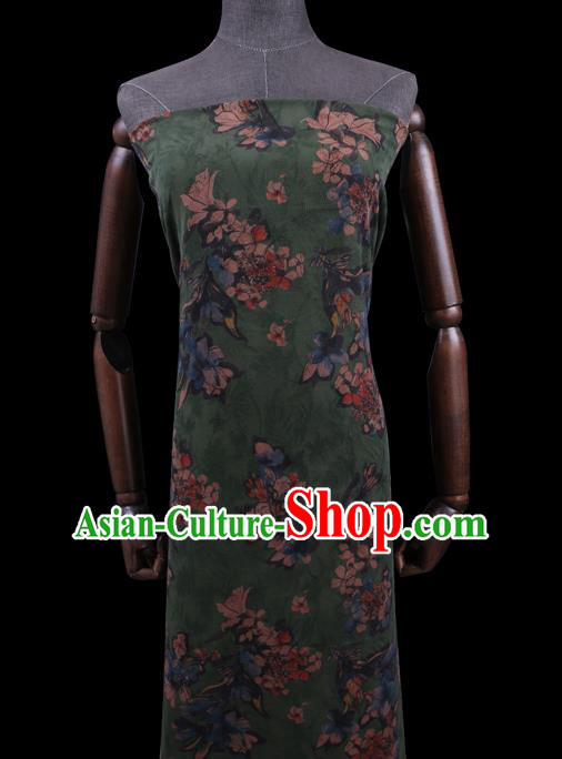 Chinese Classical Mangnolia Pattern Green Gambiered Guangdong Silk Fabric Watered Gauze Traditional Asian Cheongsam Cloth Drapery