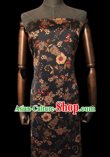 Chinese Classical Camellia Pattern Gambiered Guangdong Silk Black Watered Gauze Traditional Cheongsam Fabric