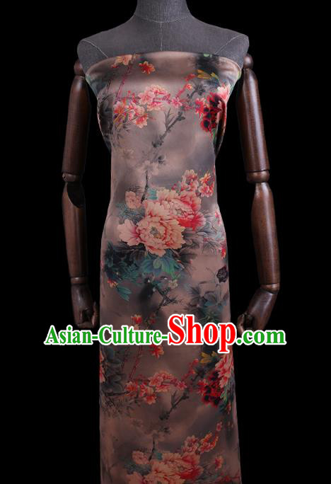 Chinese Classical Peony Pattern Brown Watered Gauze Fabric Traditional Gambiered Guangdong Silk Asian Cheongsam Cloth Satin Drapery