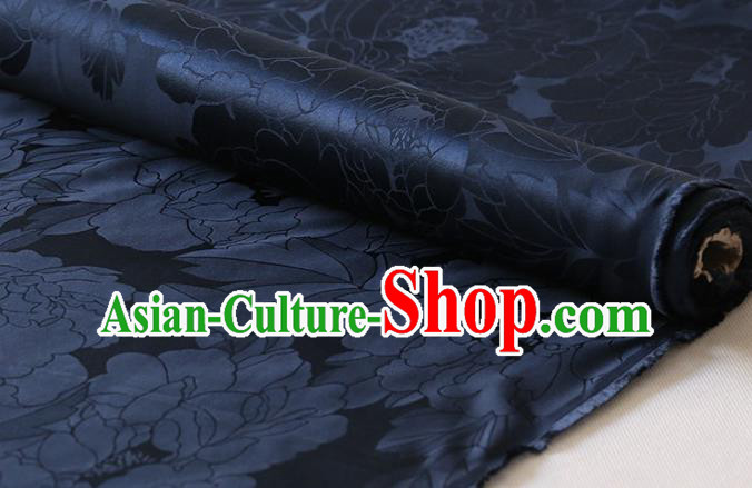 Chinese Cheongsam Classical Royal Peony Pattern Satin Fabric Cloth Traditional Navy Silk Drapery