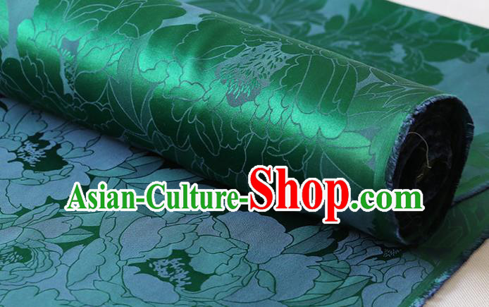 Chinese Classical Royal Peony Pattern Satin Fabric Traditional Green Silk Drapery Cheongsam Cloth