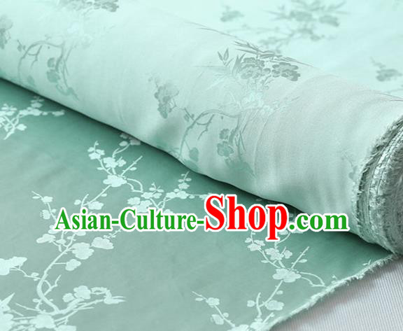 Chinese Light Green Silk Drapery Traditional Classical Plum Orchid Bamboo Pattern Satin Fabric Cheongsam Cloth