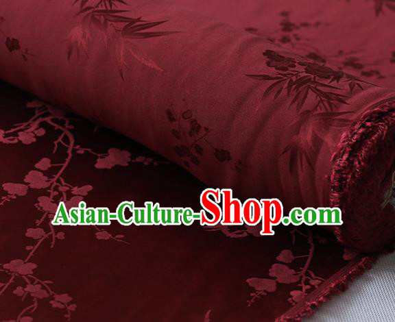 Chinese Cheongsam Dark Red Silk Drapery Cloth Traditional Classical Plum Orchid Bamboo Pattern Satin Fabric