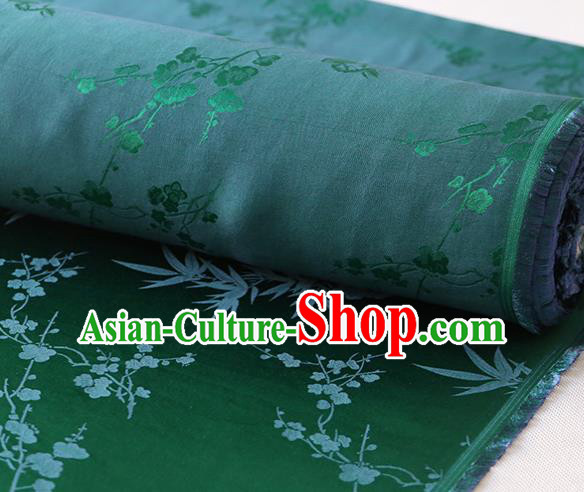 Chinese Traditional Classical Plum Orchid Bamboo Pattern Satin Fabric Cheongsam Cloth Deep Green Silk Drapery