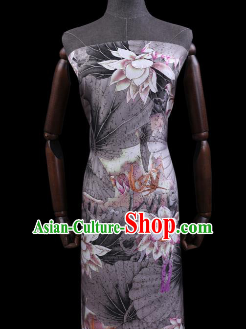 Chinese Traditional Classical Lotus Pattern Satin Fabric Cheongsam Cloth Grey Silk Drapery