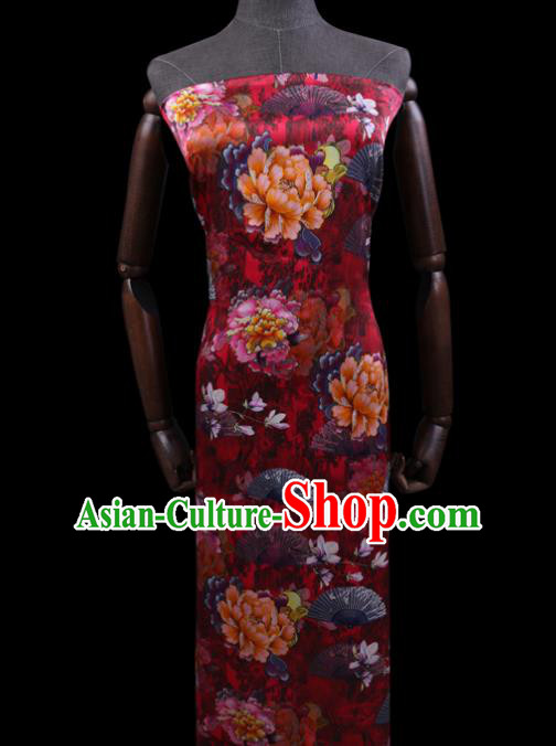 Chinese Classical Peony Pattern Satin Fabric Traditional Cheongsam Cloth Red Silk Drapery