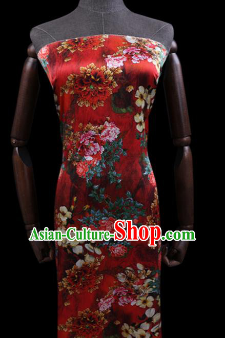 Chinese Red Silk Drapery Classical Peony Pattern Satin Fabric Traditional Cheongsam Cloth