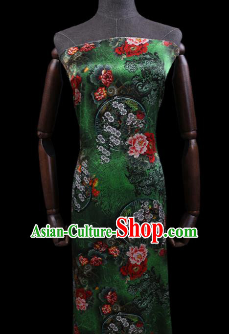 Chinese Green Silk Drapery Traditional Cheongsam Cloth Classical Peony Pattern Satin Fabric