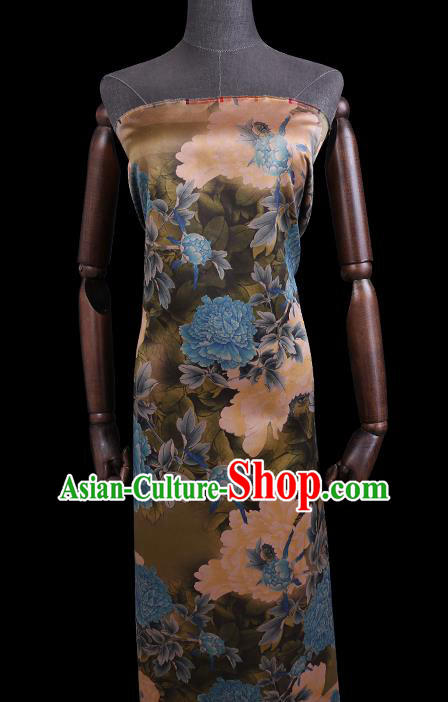 Chinese Classical Peony Pattern Olive Green Watered Gauze Traditional Cheongsam Gambiered Guangdong Silk Fabric