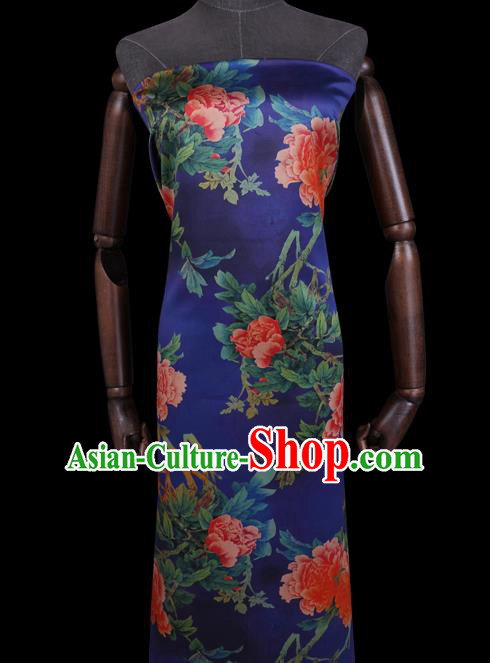 Chinese Classical Peony Pattern Royalblue Satin Fabric Watered Gauze Traditional Cheongsam Gambiered Guangdong Silk