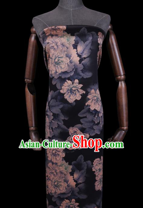 Chinese Classical Peony Pattern Black Watered Gauze Traditional Gambiered Guangdong Silk Cheongsam Fabric