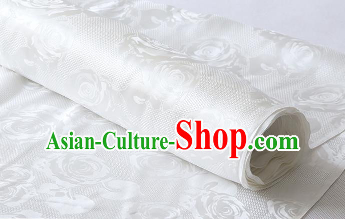 Chinese Classical Hollowed Rose Pattern Damask Fabric Traditional Cheongsam Jacquard Cloth White Silk Drapery