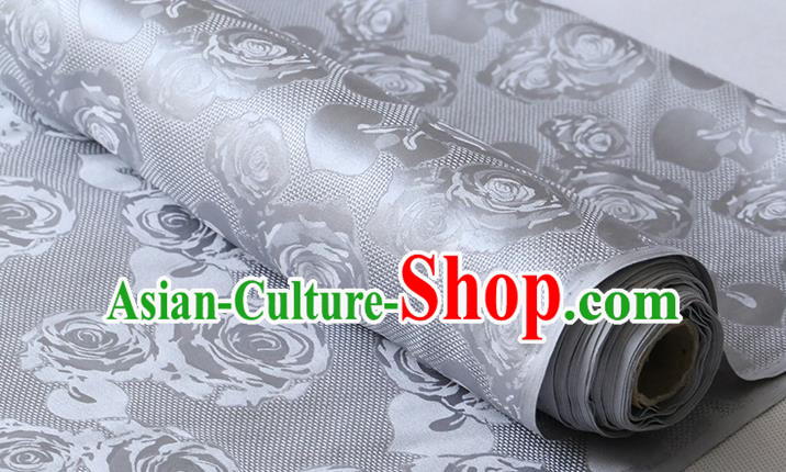 Chinese Grey Silk Drapery Classical Hollowed Rose Pattern Damask Fabric Traditional Cheongsam Jacquard Cloth