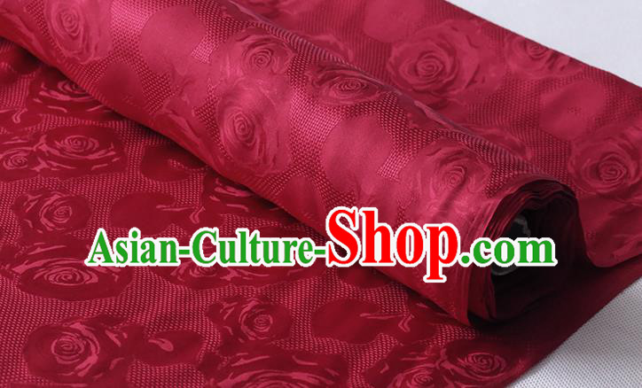 Chinese Traditional Cheongsam Jacquard Cloth Classical Hollowed Rose Pattern Damask Fabric Wine Red Silk Drapery