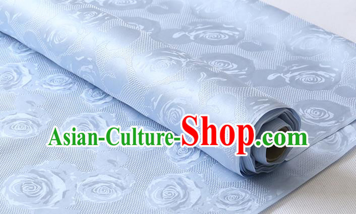 Chinese Classical Hollowed Rose Pattern Damask Traditional Jacquard Cloth Fabric Cheongsam Light Blue Silk Drapery