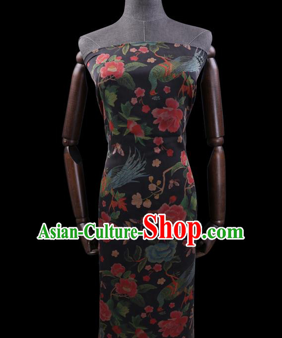 Chinese Black Silk Drapery Traditional Cheongsam Cloth Classical Peacock Peony Pattern Satin Fabric