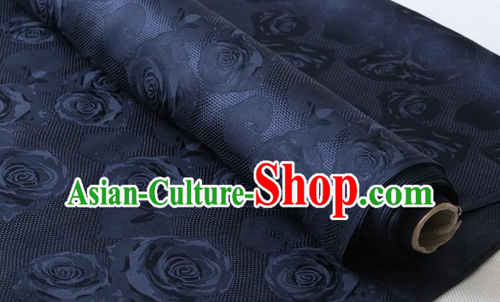 Chinese Traditional Navy Jacquard Cloth Fabric Classical Hollowed Rose Pattern Damask Cheongsam Silk Drapery