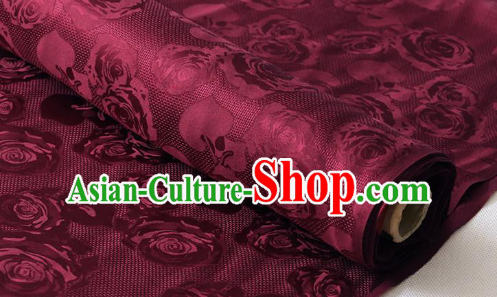 Chinese Traditional Jacquard Cloth Fabric Dark Red Damask Cheongsam Classical Hollowed Rose Pattern Silk Drapery