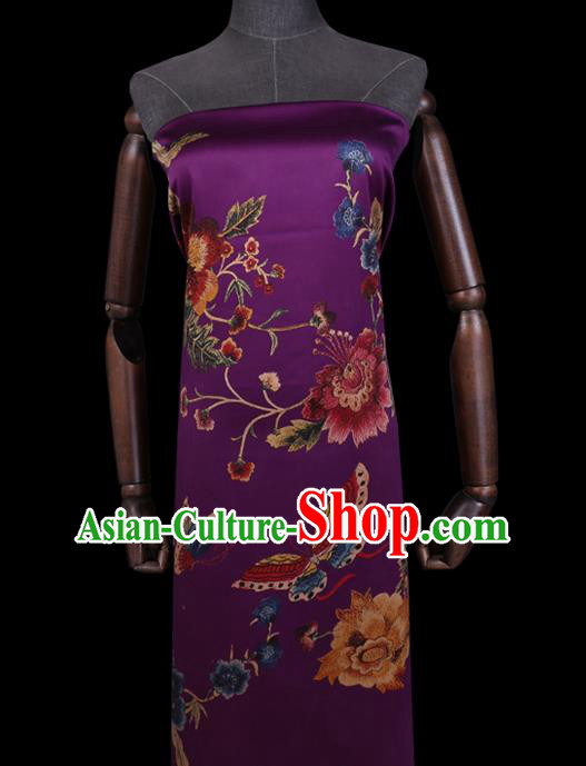 Chinese Cheongsam Satin Fabric Traditional Gambiered Guangdong Silk Classical Peony Butterfly Pattern Purple Watered Gauze