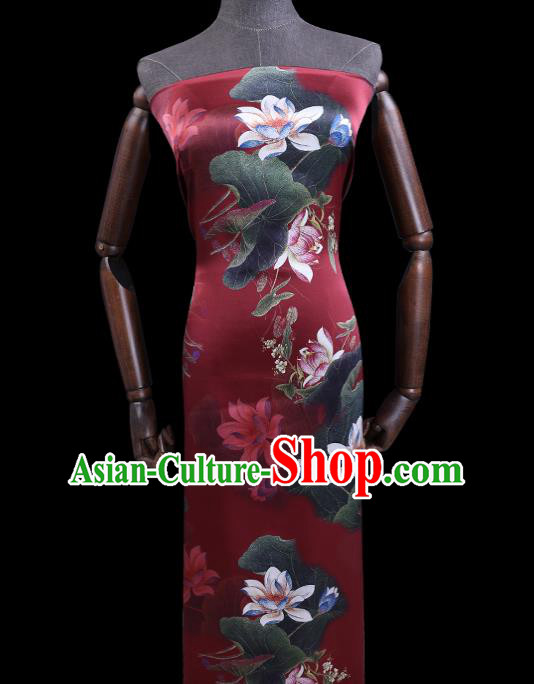 Chinese Traditional Red Weave Satin Fabric Classical Lotus Pattern Silk Drapery Cheongsam Cloth