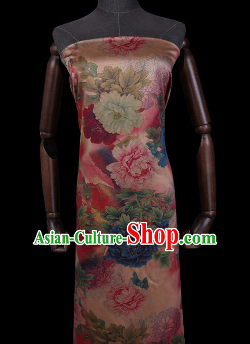 Chinese Cheongsam Pink Satin Fabric Traditional Gambiered Guangdong Silk Classical Peony Pattern Watered Gauze