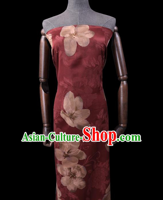 Chinese Classical Flowers Pattern Wine Red Gambiered Guangdong Silk Traditional Cheongsam Satin Fabric Watered Gauze