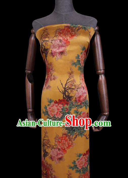 Chinese Classical Peony Pattern Yellow Satin Fabric Traditional Cheongsam Watered Gauze Gambiered Guangdong Silk