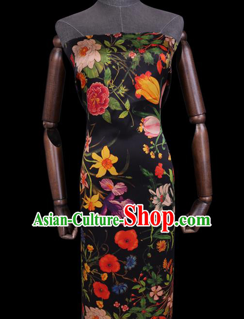 Chinese Classical Camellia Pattern Black Gambiered Guangdong Silk Traditional Cheongsam Watered Gauze Satin Fabric