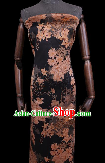 Chinese Classical Magnolia Pattern Gambiered Guangdong Silk Traditional Cheongsam Watered Gauze Black Satin Fabric